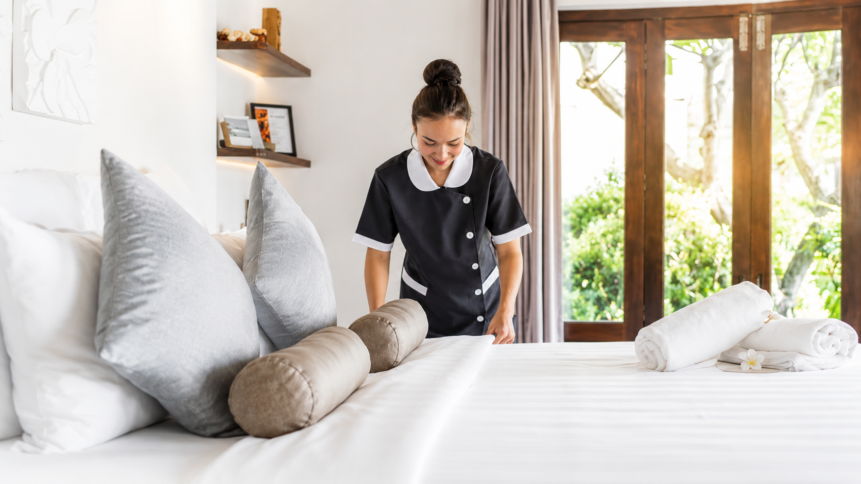 Professional cleaner making a hotel bed with crisp white linens